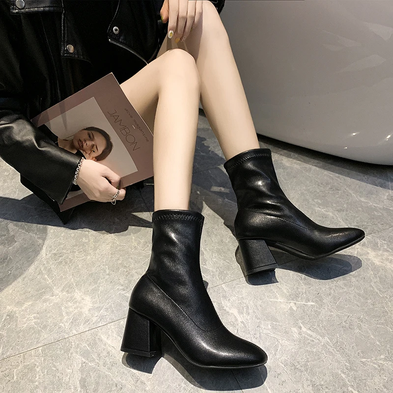 

New Stretch Socks boots Women Shoes Slip Ankle Boots Square Toe Spring Winter Leather Elegant high heel Shoes Female Shoes Women