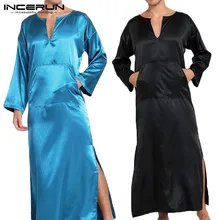 Мужские халаты, одноцветные, с длинным рукавом, v-образный вырез, домашняя одежда, карманы, искусственный шелк, сатин, пижамы, ночная рубашка, модные мужские халаты, S-5XL, INCERUN