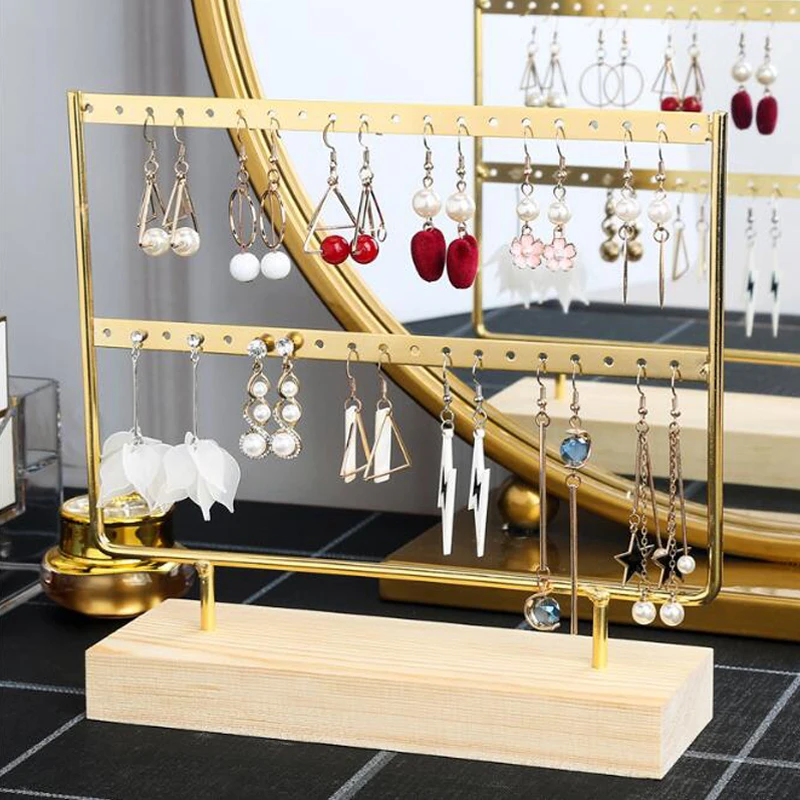 New Fashion Earrings Stand Jewelry Display Earrings Holder Jewellery Storage Wooden Base Metal Ear Studs Pendant Rack