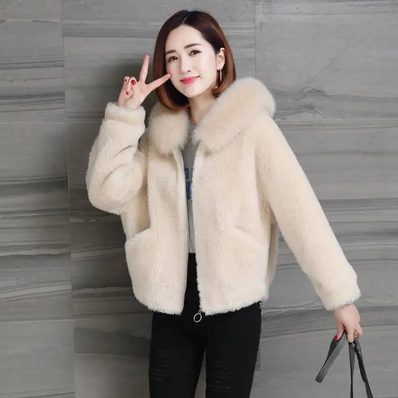 beige Новинка Осень Зима Женский мягкий искусственный овечий стриженый мех короткое пальто женский искусственный Лисий мех с капюшоном толстые теплые куртки верхняя одежда H198 - Цвет: beige