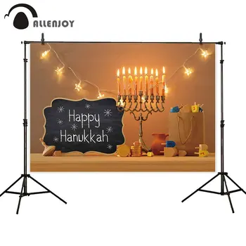 

Allenjoy Star Bulb Backdrop Cloth Candlestick Blackboard Wooden Sign Bottle Happy Hanukkah Photozone Israel Festival Party Decor