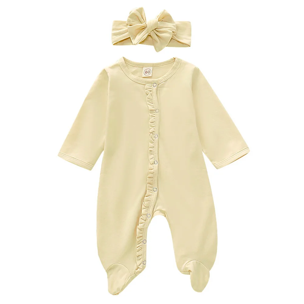 

Organic Cotton Baby Girl cover button romper + headband Long Sleeve solid color front open Footed sleep wear kids Overalls D20