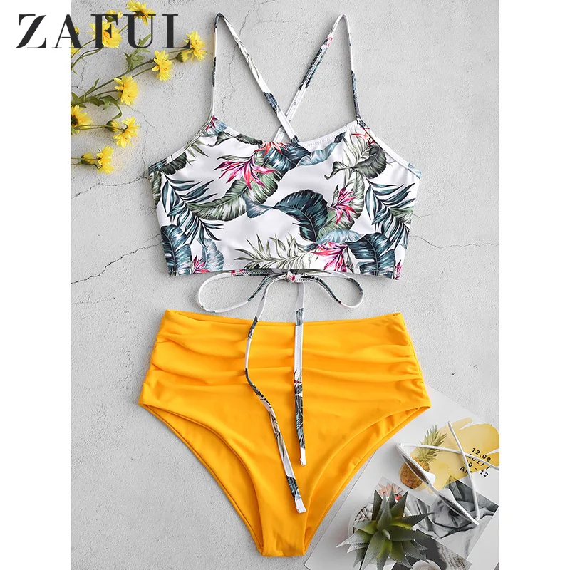  ZAFUL Bikini Lace Up Tropical Leaf Tummy Control Tankini Set Swimwear High Waisted Swim Suit Ruched