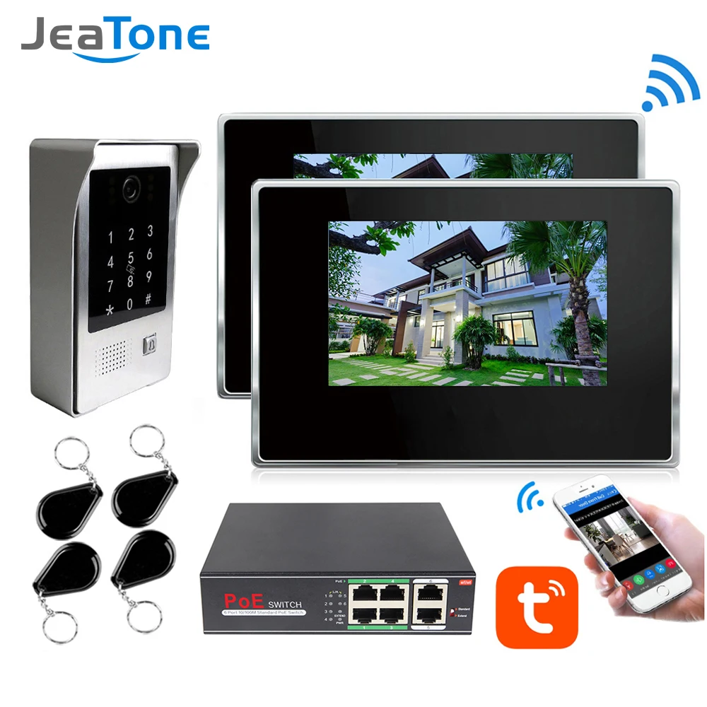 TuyaSmart APP IP WIFI Video Doophone Intercom POE System 7''Touch Screen monitor with doorbell support Password/RFIC Card 125MHZ