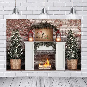 

Photography Background Christmas Decoration Tree Retro Vintage Wooden Wall Fireplace Christmas Backdrops for Photo Studio