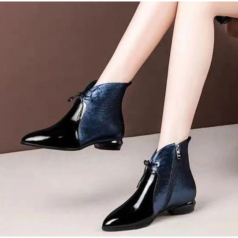 MCCKLE Woman Pointed Toe Lace Up Low Heels Ankle Boots Women's Patent Leather Short Boots Mixed Color Female Ladies Zip Shoes