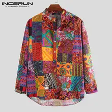 INCERUN Повседневная рубашка мужская с принтом длинный в этническом стиле рукав хлопок, воротник-стойка Гавайские пляжные рубашки шикарная Camisa уличная