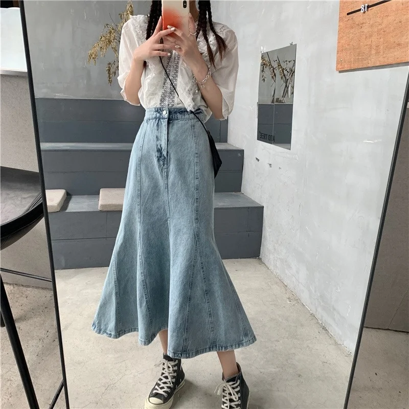 Denim Skirt Women's High Waist Design Sense Retro Mid-Length Ruffled Fishtail | Женская одежда