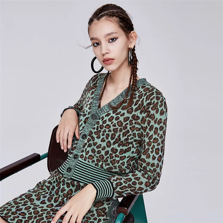 2 piece knitted set women Single Breasted Leopard Printed Sweater Cardigan+ Elastic Waist A line Mini Skirt Matching Sets Suit