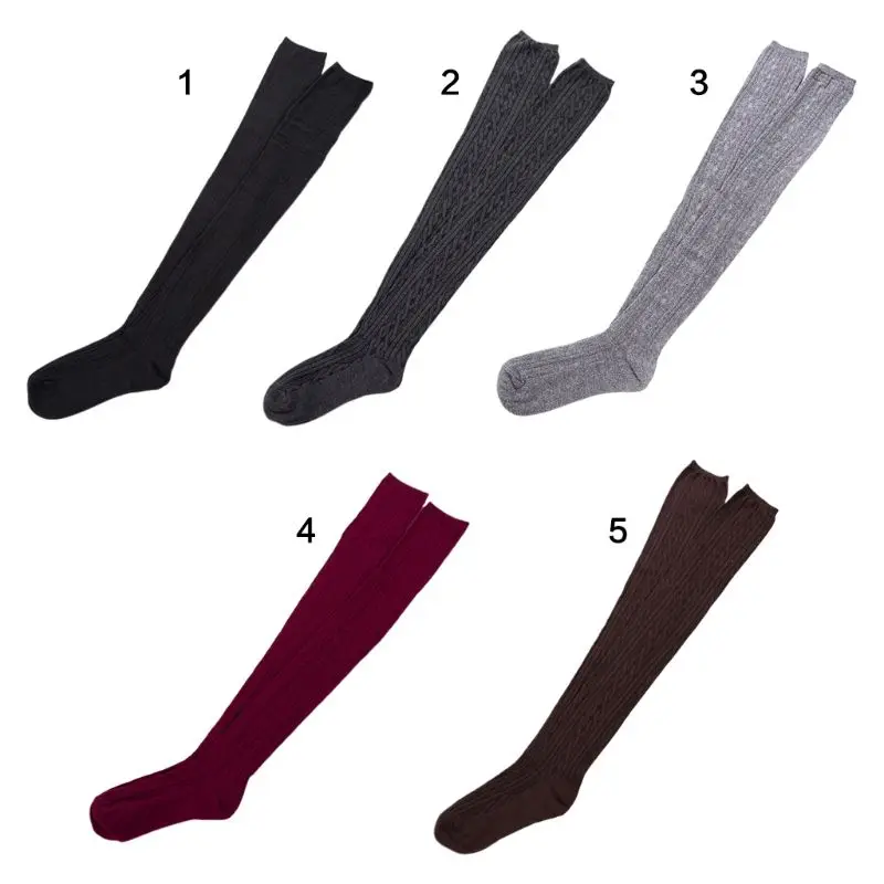 

Japanese Women Girls Winter Cable Knitted Long Socks Solid Color Preppy Style Over Knee Thigh High Stockings Casual Wear Warmer