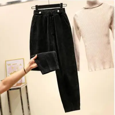 Репа штаны осень-зима женские вельветовые штаны-шаровары брюки размера плюс Для женщин с эластичной резинкой на талии, Винтаж брюки карманов большой Размеры XL-5XL - Цвет: Black