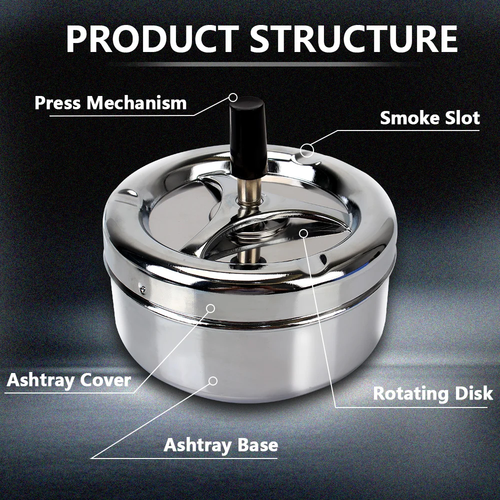 Cigarette Ash Tray For Home Office Hotel Stainless Steel Rotating Lid