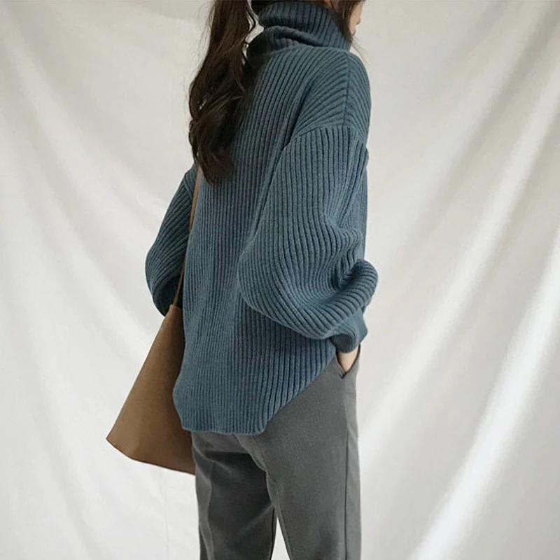 Женский осенний свитер с рукавом-фонариком, высокое качество, вязанная водолазка, Женский Однотонный свитер, пуловер, джемпер
