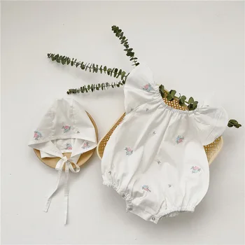 

3599 Lovely Baby Kids Romper with Cap Summer 2020 Girl Baby Embroidery Flying Sleeve Climbing Clothes Girl 100days Party Clothes