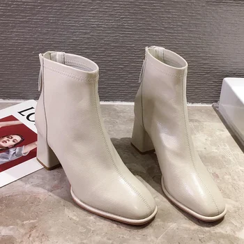 

Women Luxury Brand Beige 7cm Block High Heels Ankle Boots 2020 Winter Female Square Toe Chelsea Boots High Quality Short Boots