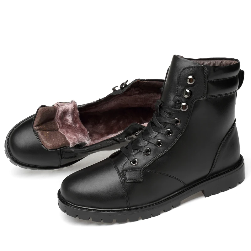 black fur Новинка; зимние мужские ботинки; ботинки из натуральной кожи; мужская повседневная обувь с высоким берцем; мужские водонепроницаемые ботильоны на шнуровке - Цвет: black fur