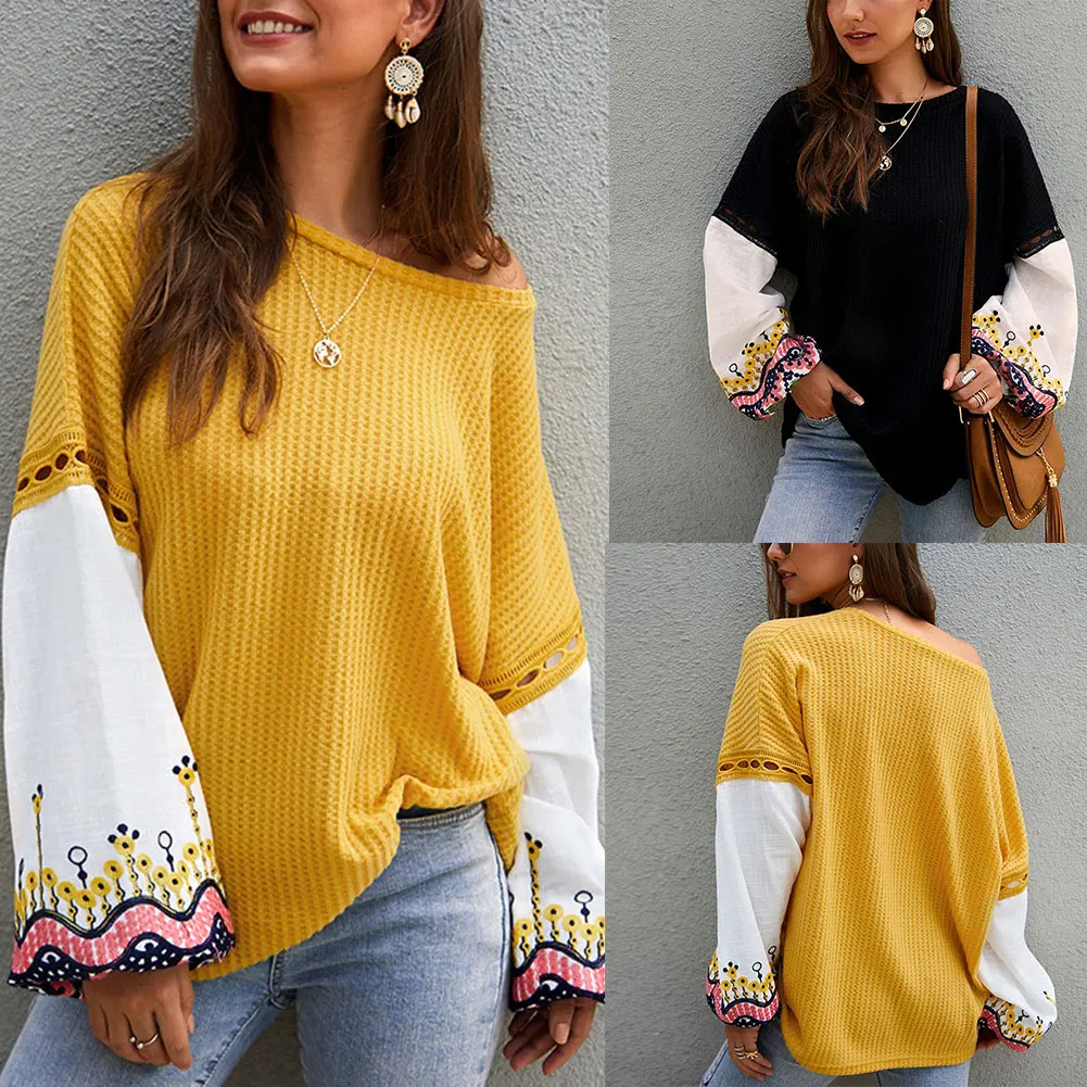 Women Autumn Winter Knit Stitching Sweater Tops Round Neck Long Sleeve Casual NGD88 | Женская одежда
