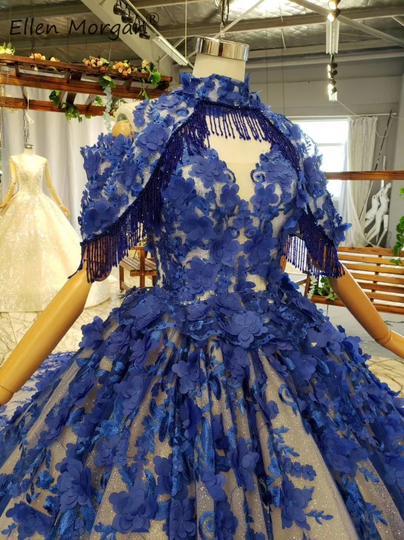 Robe De Moiree, королевский синий бальный наряд для женщин,, съемные, высокая горловина, 3D Цветы, чапле, поезд, формальные, арабские вечерние платья