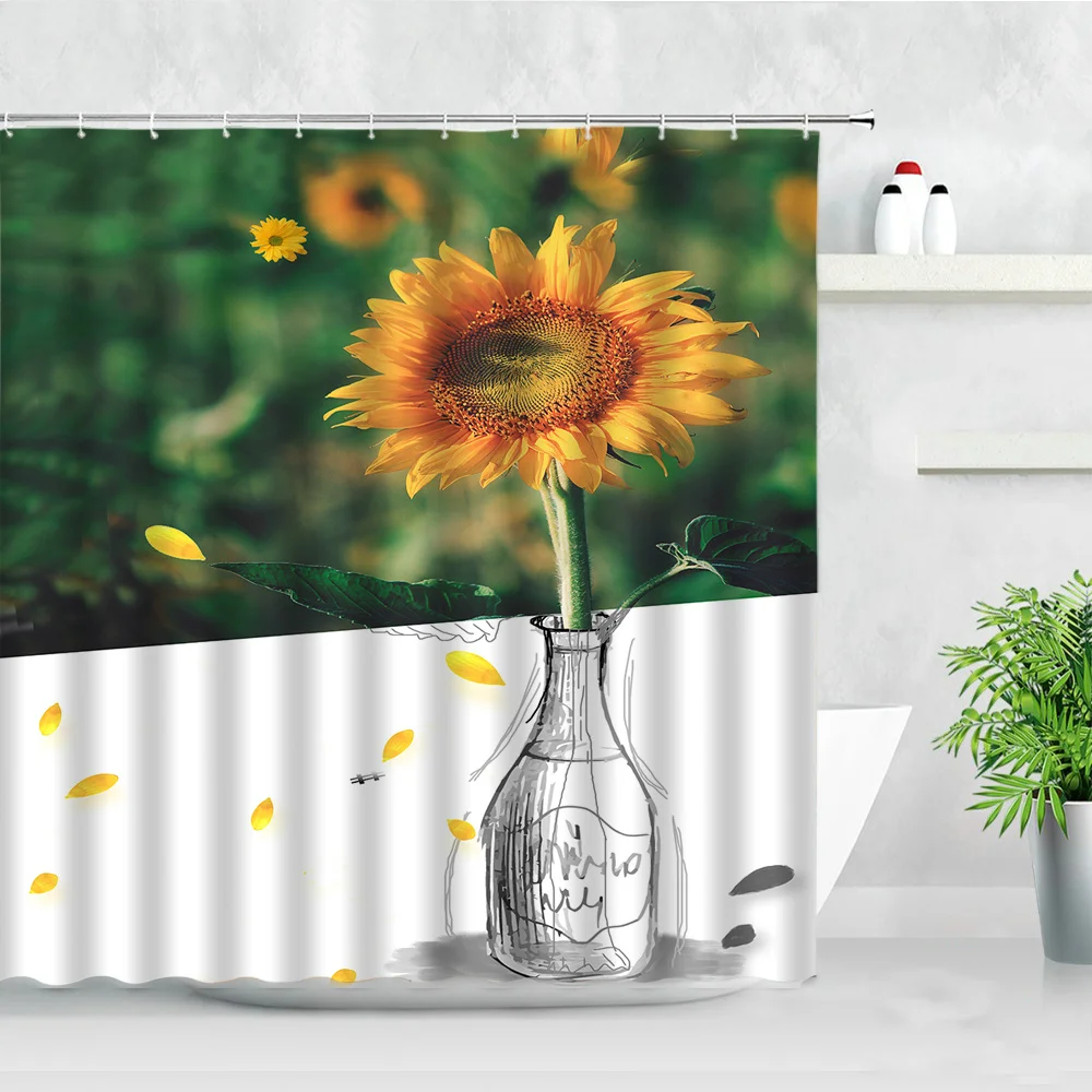 Waterproof Shower Curtains Flowers Butterfly Plant Creative Sunflower