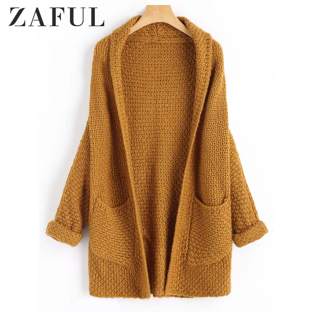 

ZAFUL Open Front Curled Sleeve Batwing Cardigan Women Sweaters Autumn Winter Long Loose Oversized Sweaters Cardigan Pull Femme
