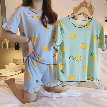 

Summer 2 Pcs Pajamas Set Letter Fruit Print Suit Loose Short Sleeve Round Neck Women's Home Wear Pajama Sets
