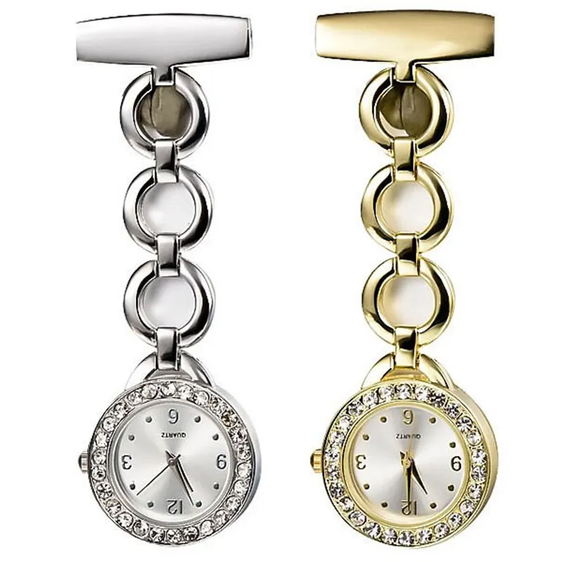 2 Colors Rhinestone Crystal Stainless Steel Watch Elegant Woman Lady Quartz Brooch Nurse Watch Women Gold Silver Luxury Watches