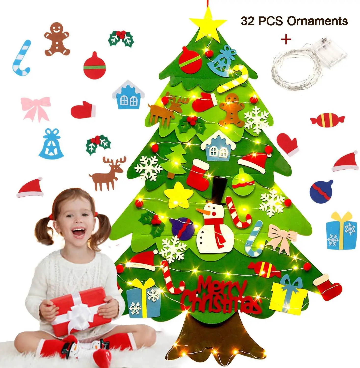 

Christmas Felt Tree 3.2ft DIY Wall Hanging Xmas Tree 32 pcs 50 LED Ornaments String Lights Christmas Decoration for Children