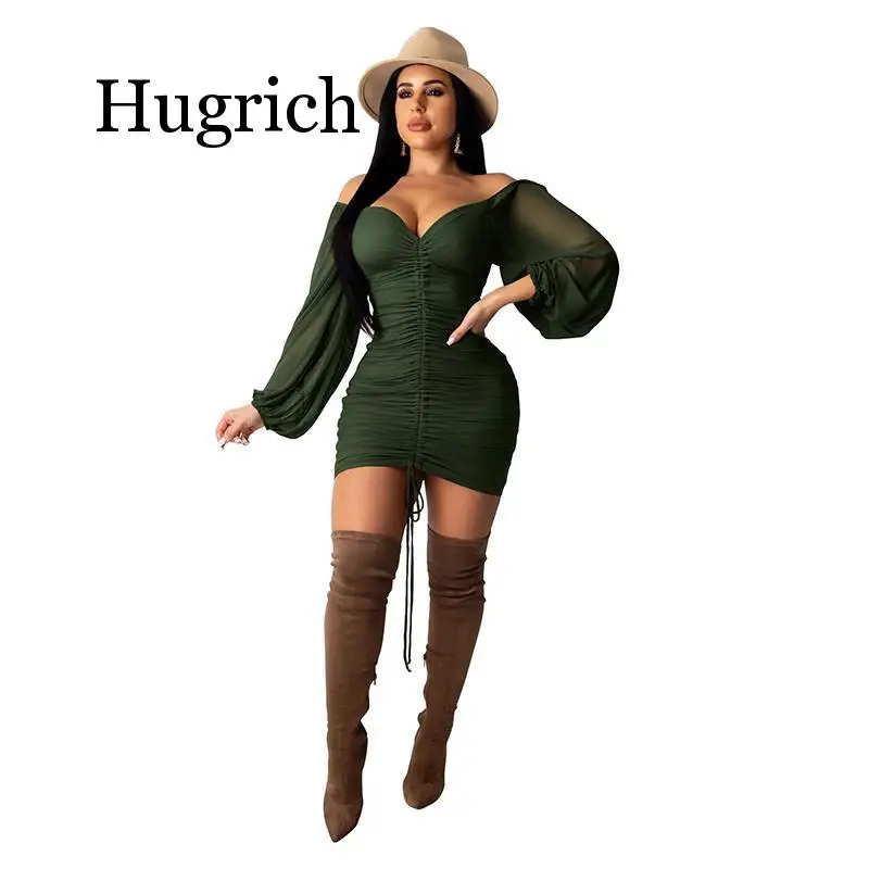 

Off Shoulder Sexy Package Hip Dress Women Sheer Mesh Lantern Sleeve Drawstring Skinny Mini Dresses Backless Pleated Party Dress