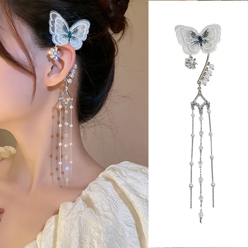 

Playful Cute Girl Jewelry Women Summer Butterfly Pearl Tassel Earrings Temperament Super Fairy No Ear Holes Ear Clip Accessories