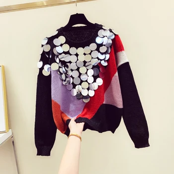 

Girls Knit Sweater Autumn Winter New Korean Color Striped Sequin Knitted Shirt Loose Long Sleeve Sweaters Women's Pullover Femme