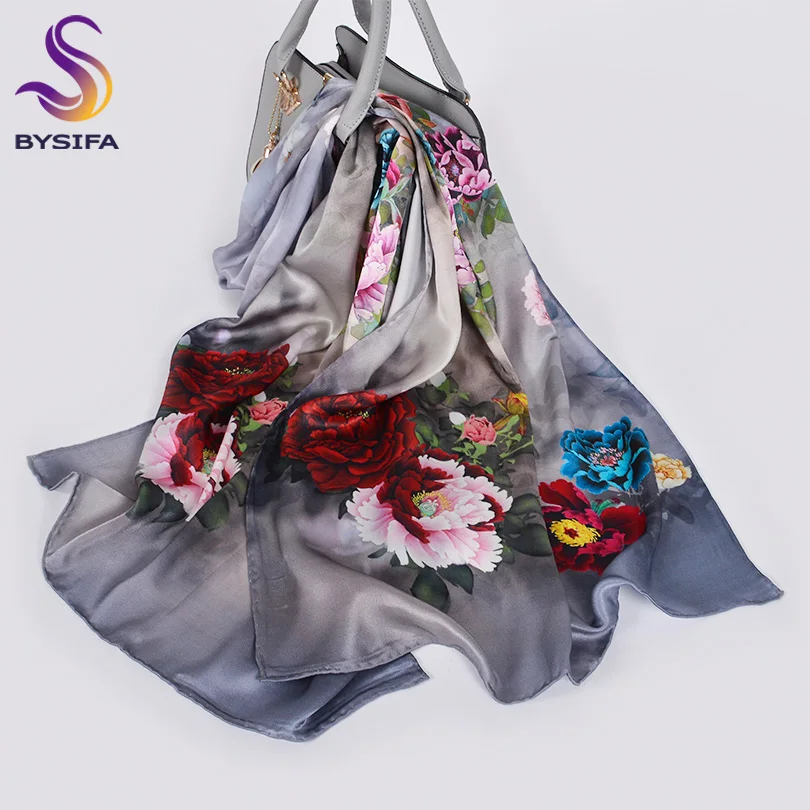 

[BYSIFA] Grey Blue 100% Pure Silk Scarf Chinese Style Peony Women Long Scarves Shawls Fall Winter Luxury Brand Neck Scarf Hijab