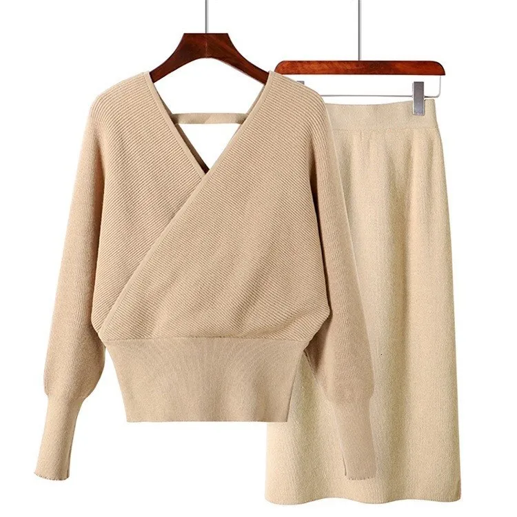 Женский модный вязаный комплект из 2 предметов осень-зима v-образный вырез рукав летучая мышь джемпер свитер и юбка однотонный костюм