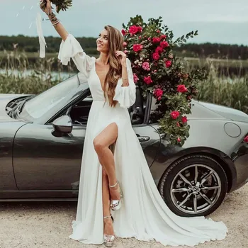 

Eightree 2020 Chiffon Beach Wedding Dress Sexy Front split V Backless Long Sleeve Vestido De Noiva Summer Boho Wedding Gowns