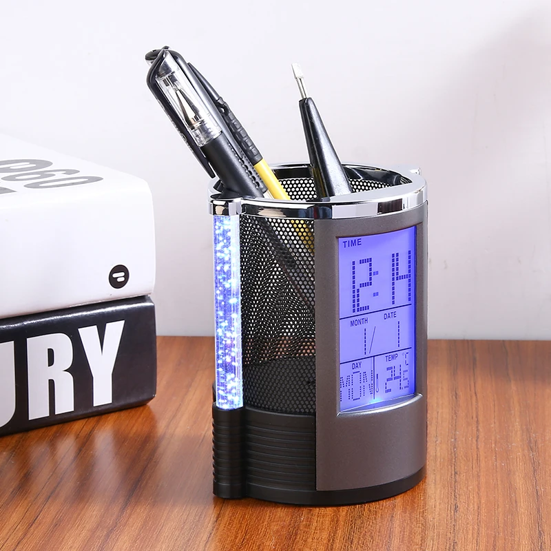 Digital LCD Desk Alarm Clock Pen Holder Mesh Pen Pencil Holder With LED