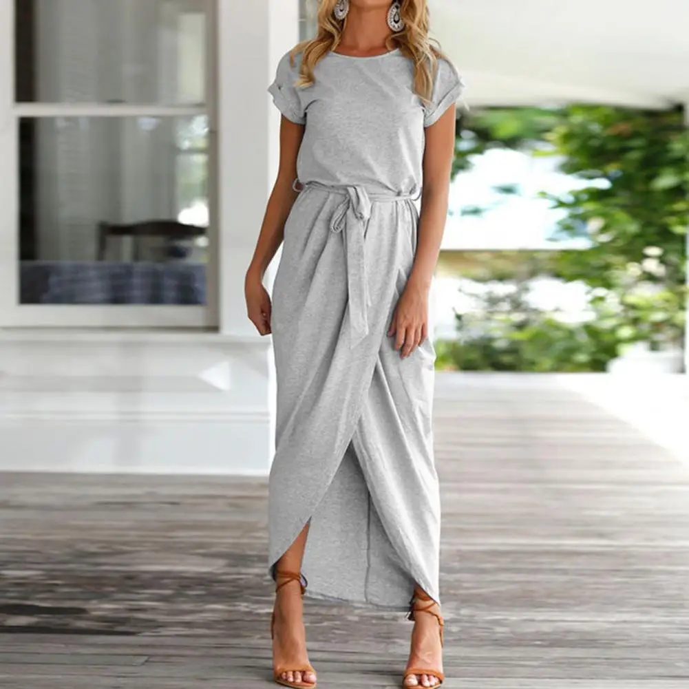 Модное женское платье с круглым вырезом, сплошной цвет, тонкий пояс, разделенный подол, полиэстер, макси, пляжное летнее платье, платья для женщин