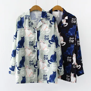 

New Arrival Cat and Chinese Words Print Oversize Notched Collar Green Blouse Button Up Casual Loose Shirt Feminina Blusa