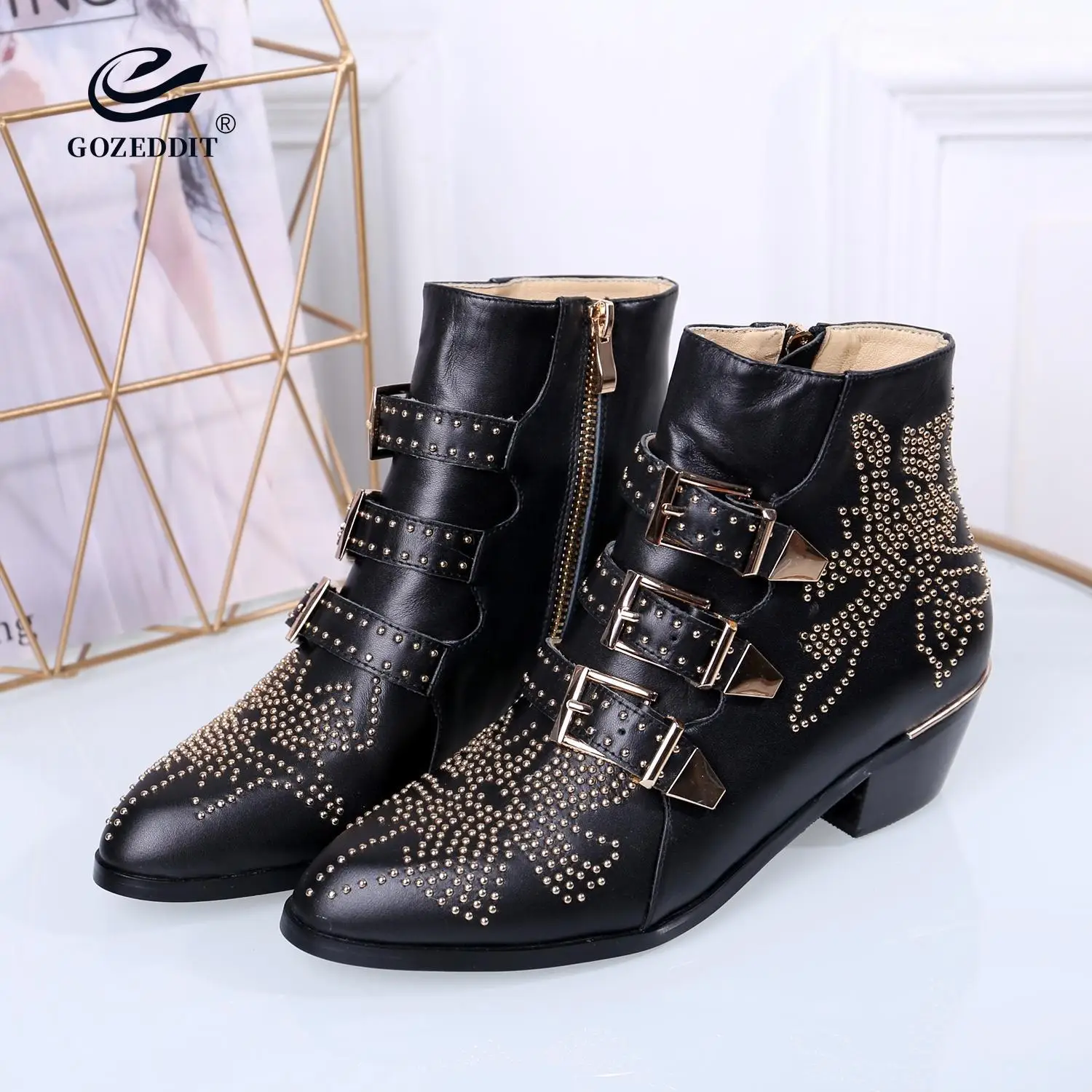

GOZEDDIT Punk Style Ankle Boots for Women Rivet Cow Leather Lady Shoes Zip Buckles Designer Women Winter Shoes