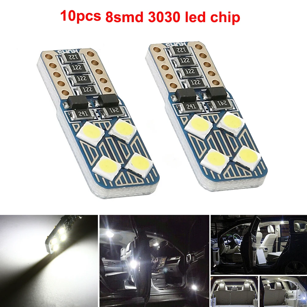 10pcs Super Bright T10 Led W5W LED Bulbs 194 168 Canbus Error Free 3030 Chips Car Dome Lights Door Light Panel Lamp Auto White | Автомобили
