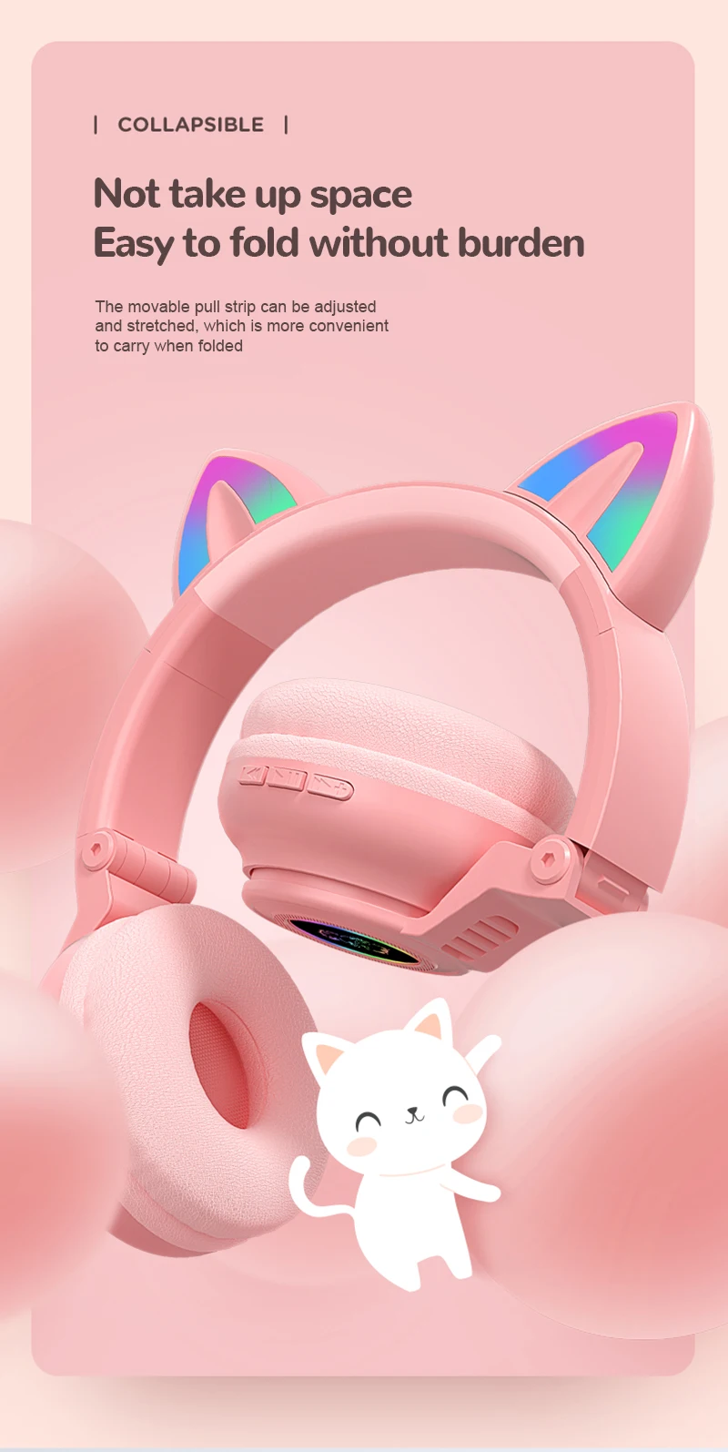 Cute RGB Kitten wireless Headsets Bluetooth 5.0 Bass Noise Cancellation Adult Child Girl Headset Support TF Card Helmet with Mic