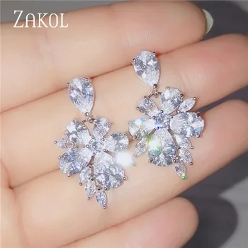 

ZAKOL Exquisite White Color Flower Cubic Zircon Women Drop Earrings For Bridal Accessories Wedding Jewelry Dinner Dress