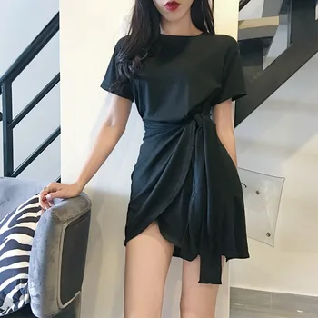 

Women's Korean Style Slim O-Neck Short Sleeve Solid Casual Lace Up Asymmetrical Dress Hot Sale Feme