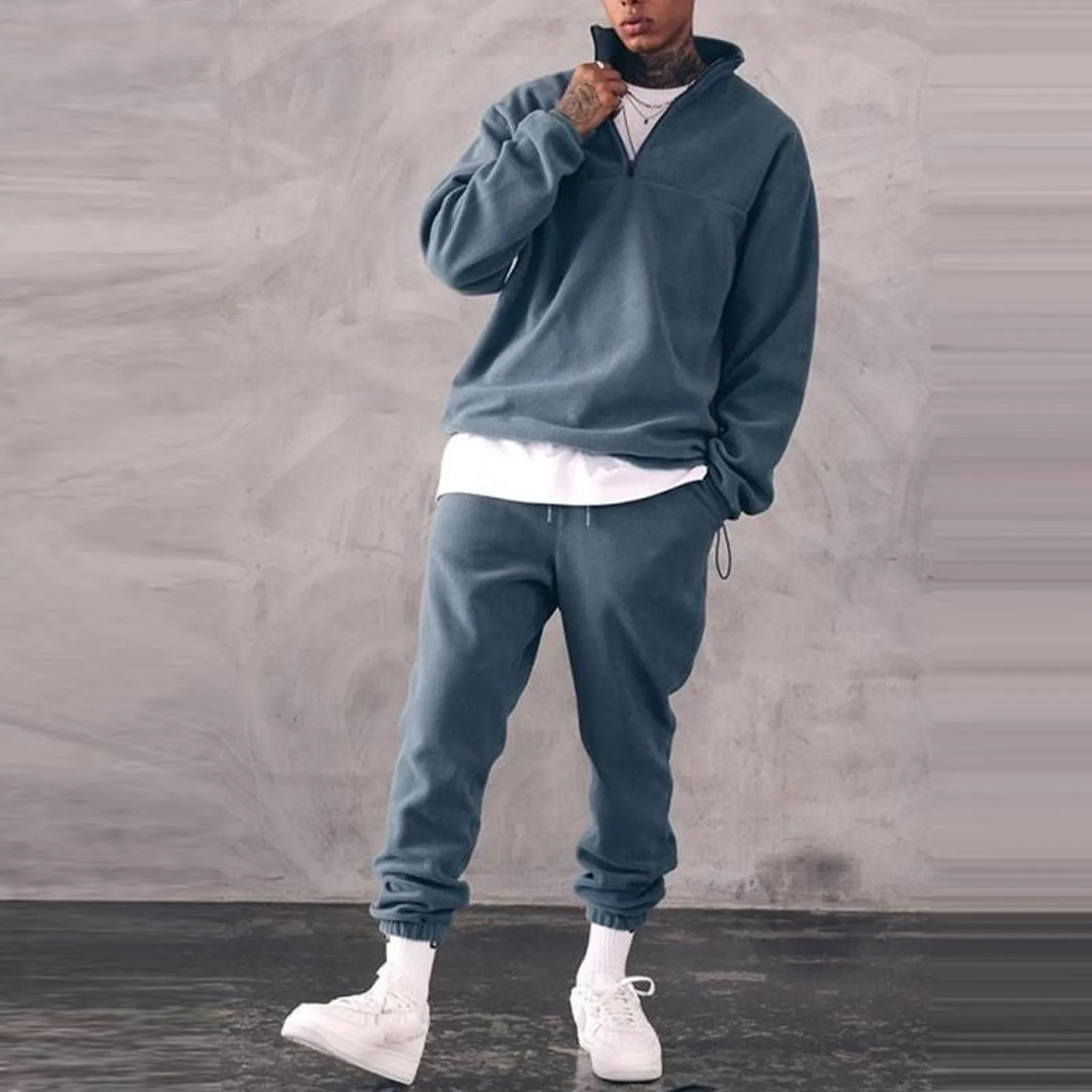 Conjunto de sudaderas para hombre, chándal para correr, Sudadera de cuello levantado sólido, trajes deportivos informales de 2 piezas, moda cálida de invierno, 2021