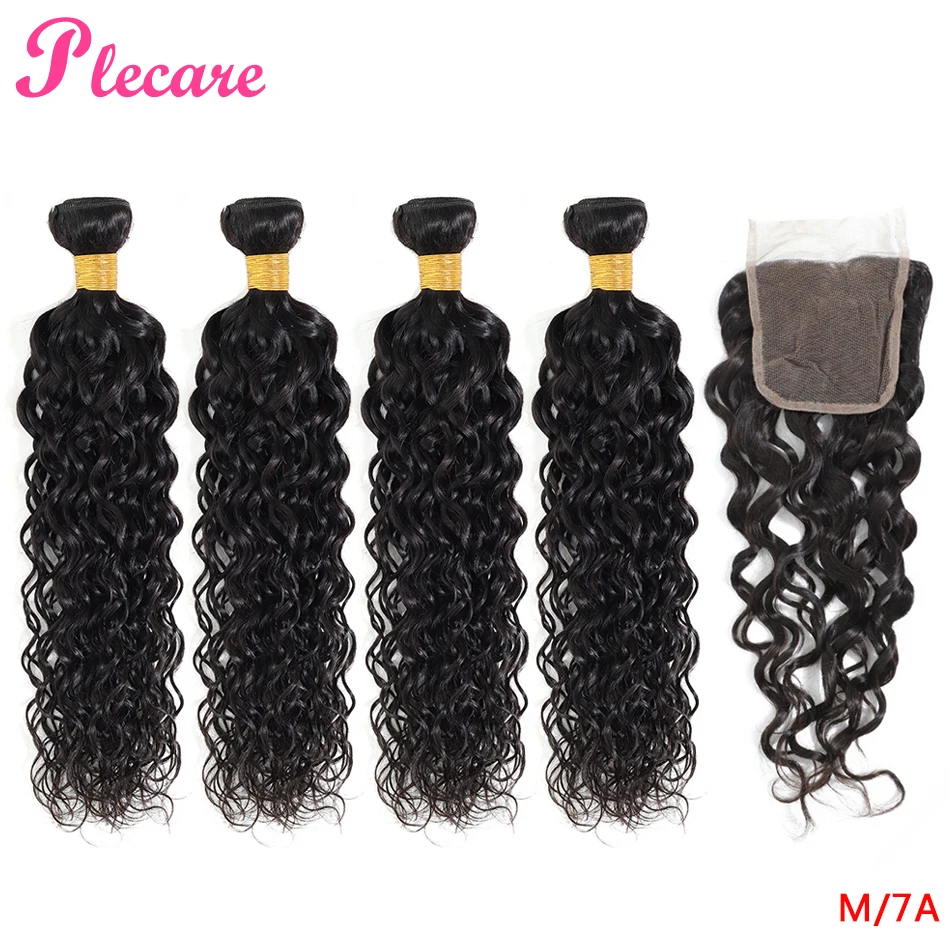 

Plecare 4 Bundles With Closure Brazilian Water Wave 100% Human Hair Weave 8-26 Inch Bundles Natural Color Non Remy Middle Ratio