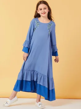 

Girls Flare Sleeve Embroidery Blue Long Dresses Ruffles Maxi Dress 10 to 12 years Muslim Girls Clothing