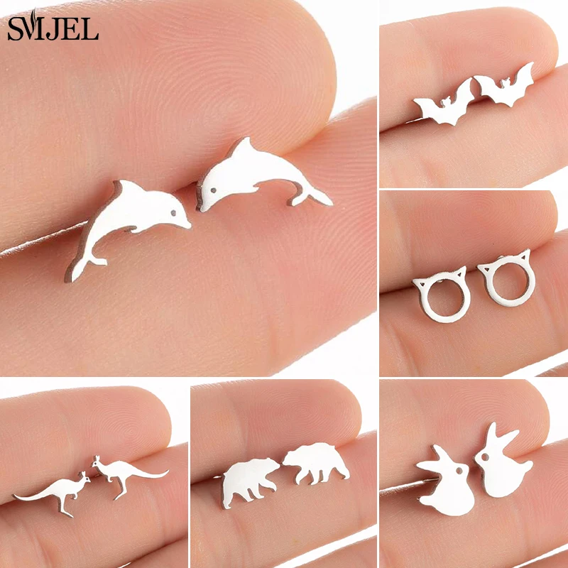 Lovely Cute Dolphin Fish Earrings Children Cat Bear Bat Kangaroo Animal Fashion Jewelry Dog Stainless Steel Women Stud Earring | Украшения