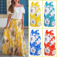 ZOGAA Plus Size Boho Women Summer Floral Print Long Skirt Ladies Fashion High Waist Hot Pleated Beach Casual Chiffon Long Skirts