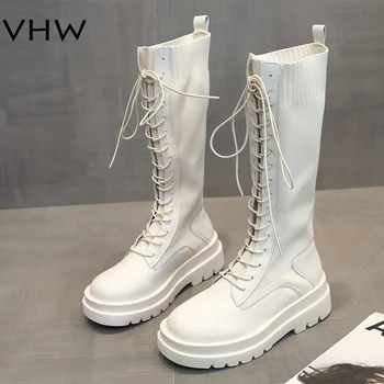 

Women Sock Boots 2020 Autumn Lace up Mid Calf Boots Female High Platform Sock Shoes Fashion Beige Stockings Boots