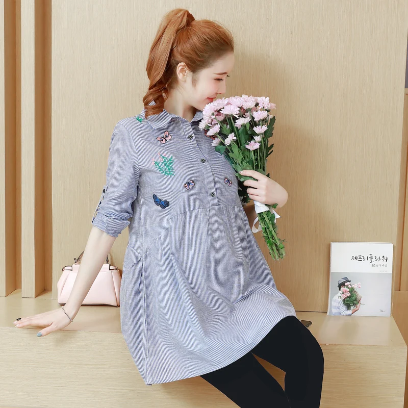 

2862# Autumn Embroidery Striped Maternity Blouses Long Sleeve Loose Shirts Clothes for Pregnant Women Spring Pregnancy Tops