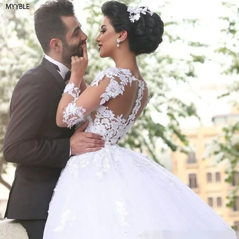 MYYBLE vestido de novia манга с длинными рукавами con apliques de encaje largo hasta el suelo vestido de novia de Трен de корте vestid