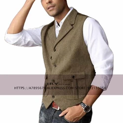 Men's 5 Button Herringbone Tweed Tailored Collar Suit Vest 2 Pockets Casual Victorian Style